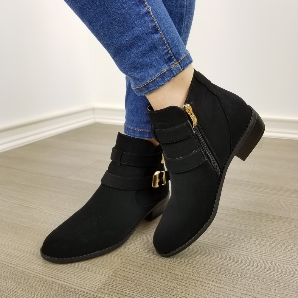 Black Vegan Nubuck Double Buckle Ankle Boots-FF - Picture 5 of 8